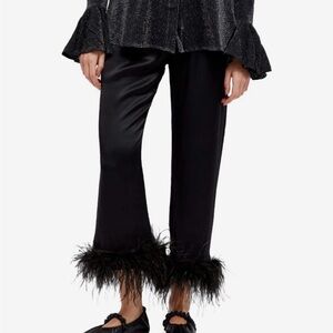 Sleeper Black Satin Feather-Trim Cropped Pants